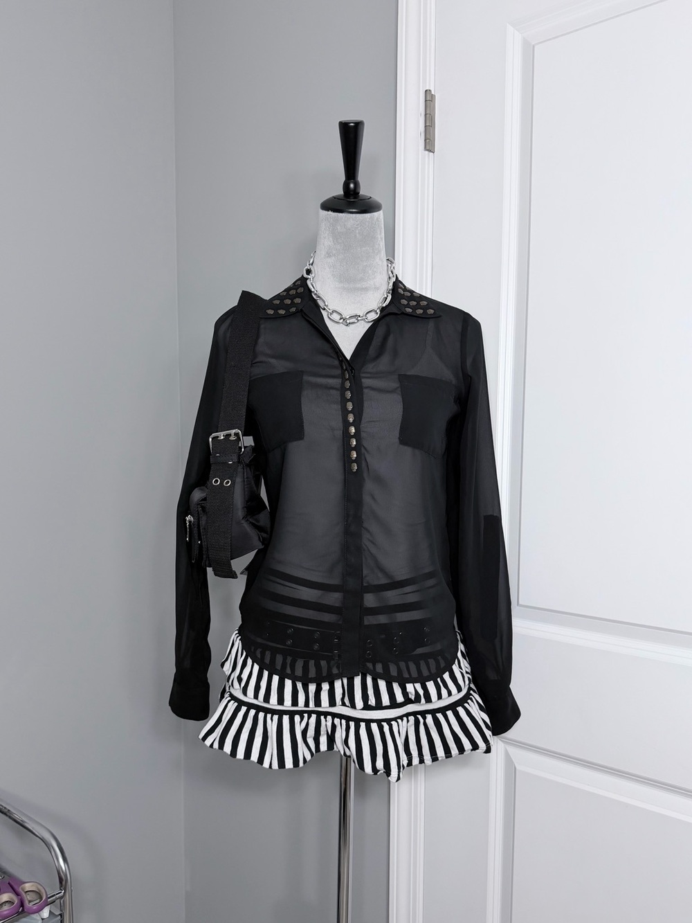 Fun & Flirt Sheer Black Skull Studded Button-Up Blouse